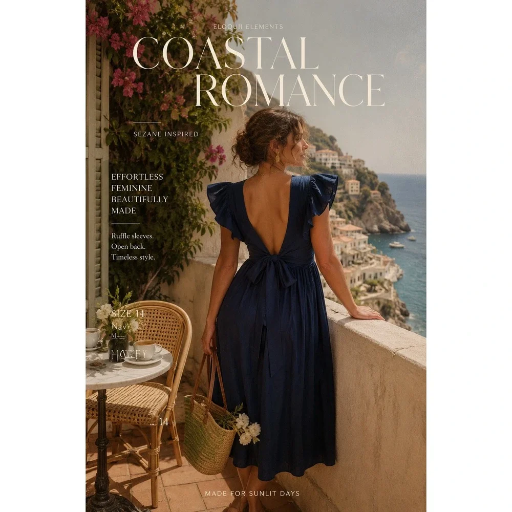Eloquii Elements Coastal Romantic Navy Midi Dress Ruffle‎ Sleeve Tie Back 14